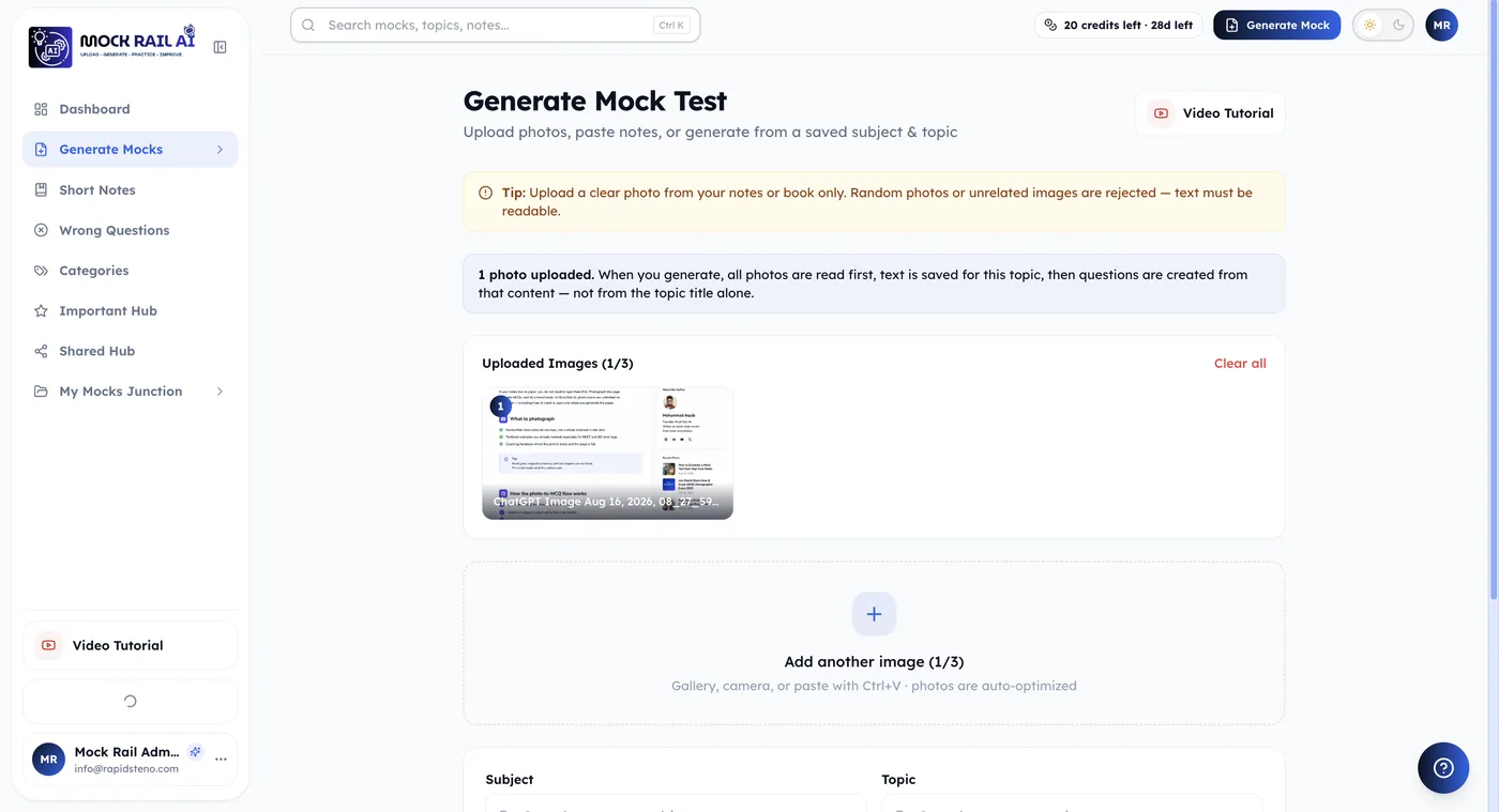 Free mock test generator screen in Mockrail AI with paste and photo upload options