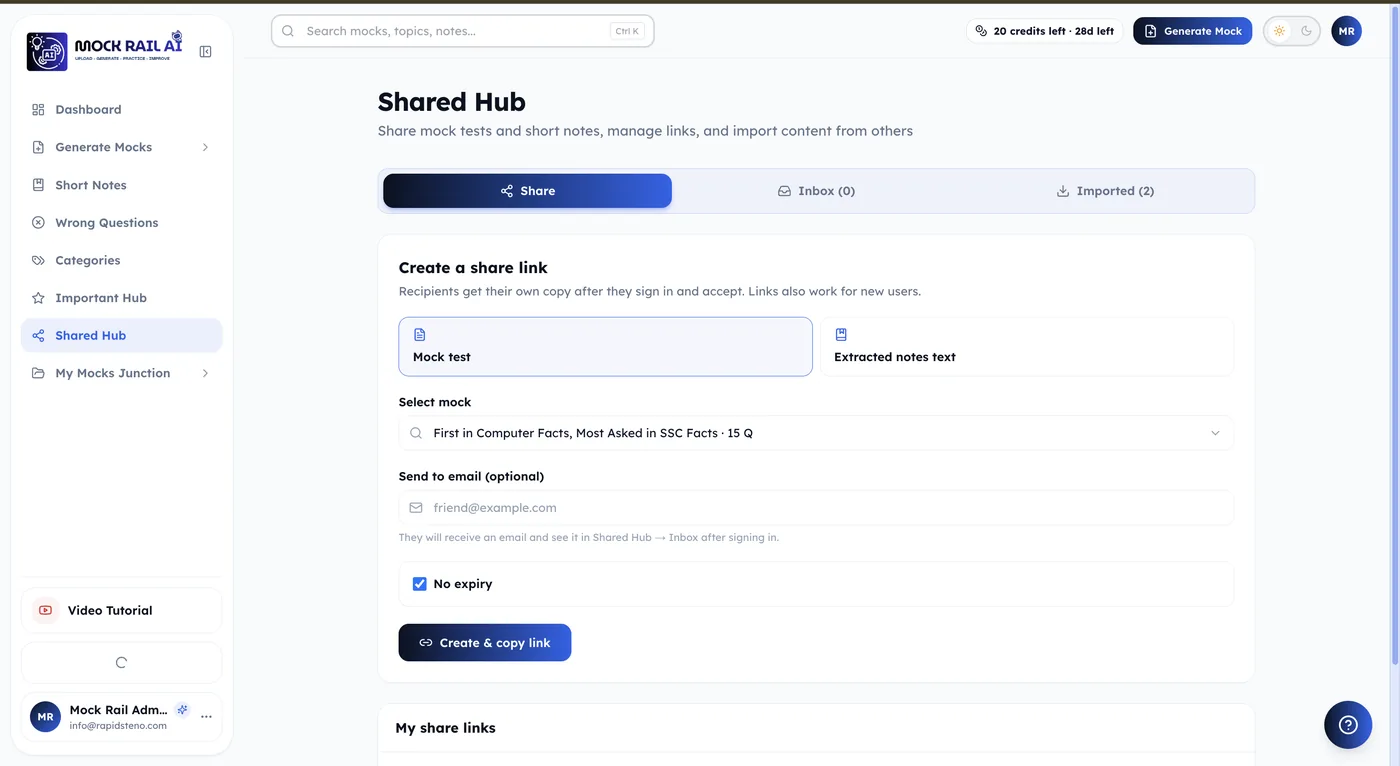 Shared Hub in Mockrail AI where study groups exchange notes and mock tests