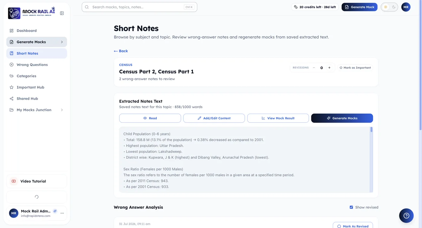 Short Notes section storing scanned study material by subject