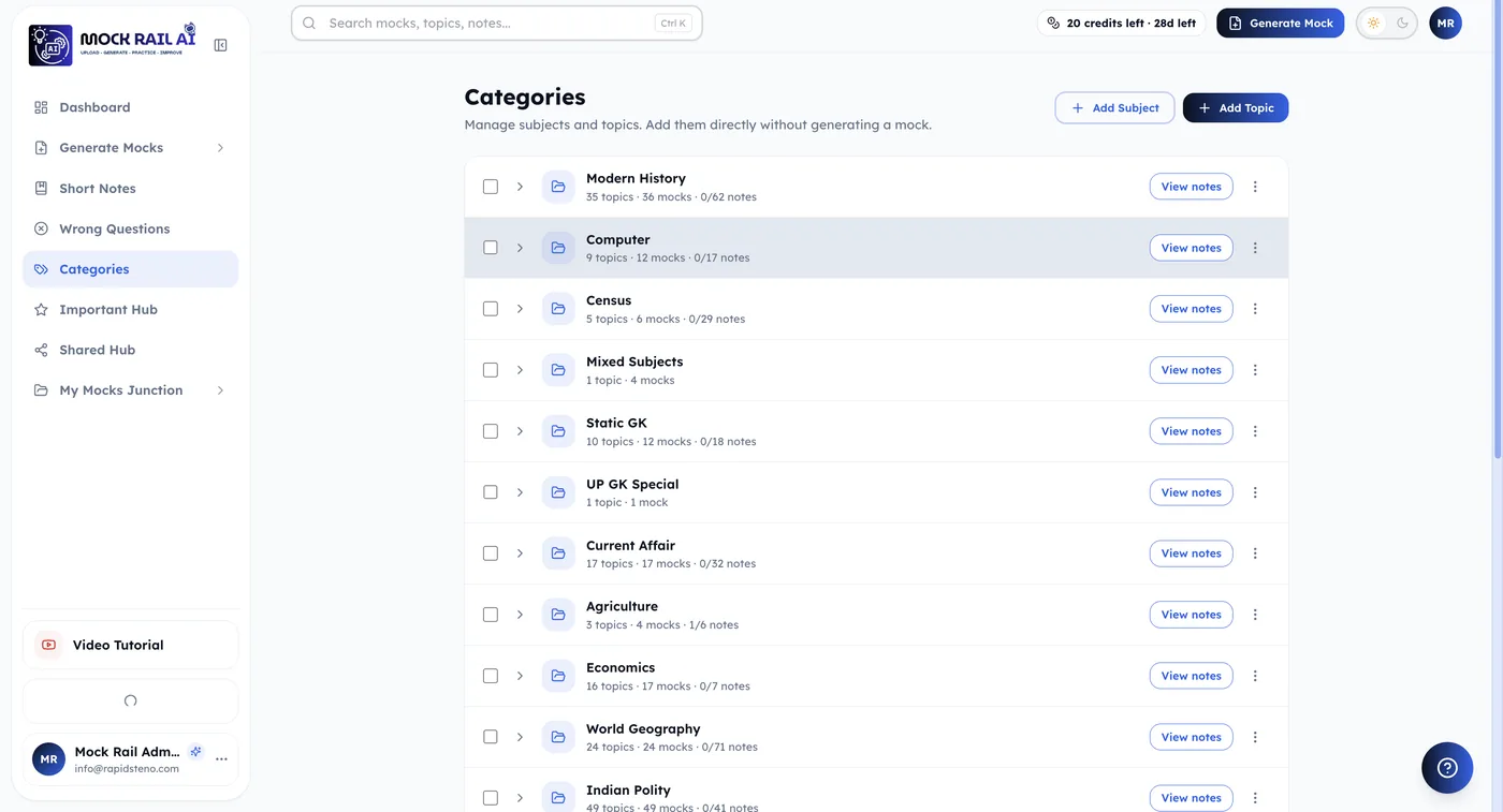 Creating subjects and topics to organise syllabus in Mockrail AI