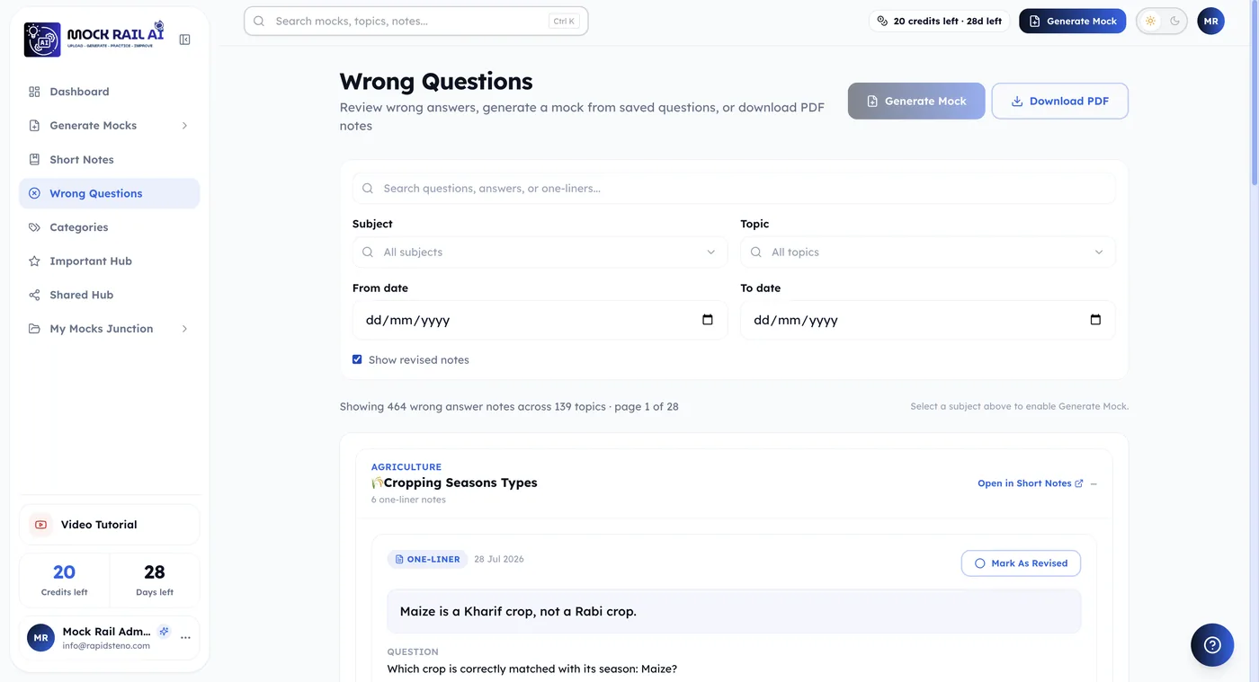 Wrong Questions hub saving every incorrect MCQ by subject and topic